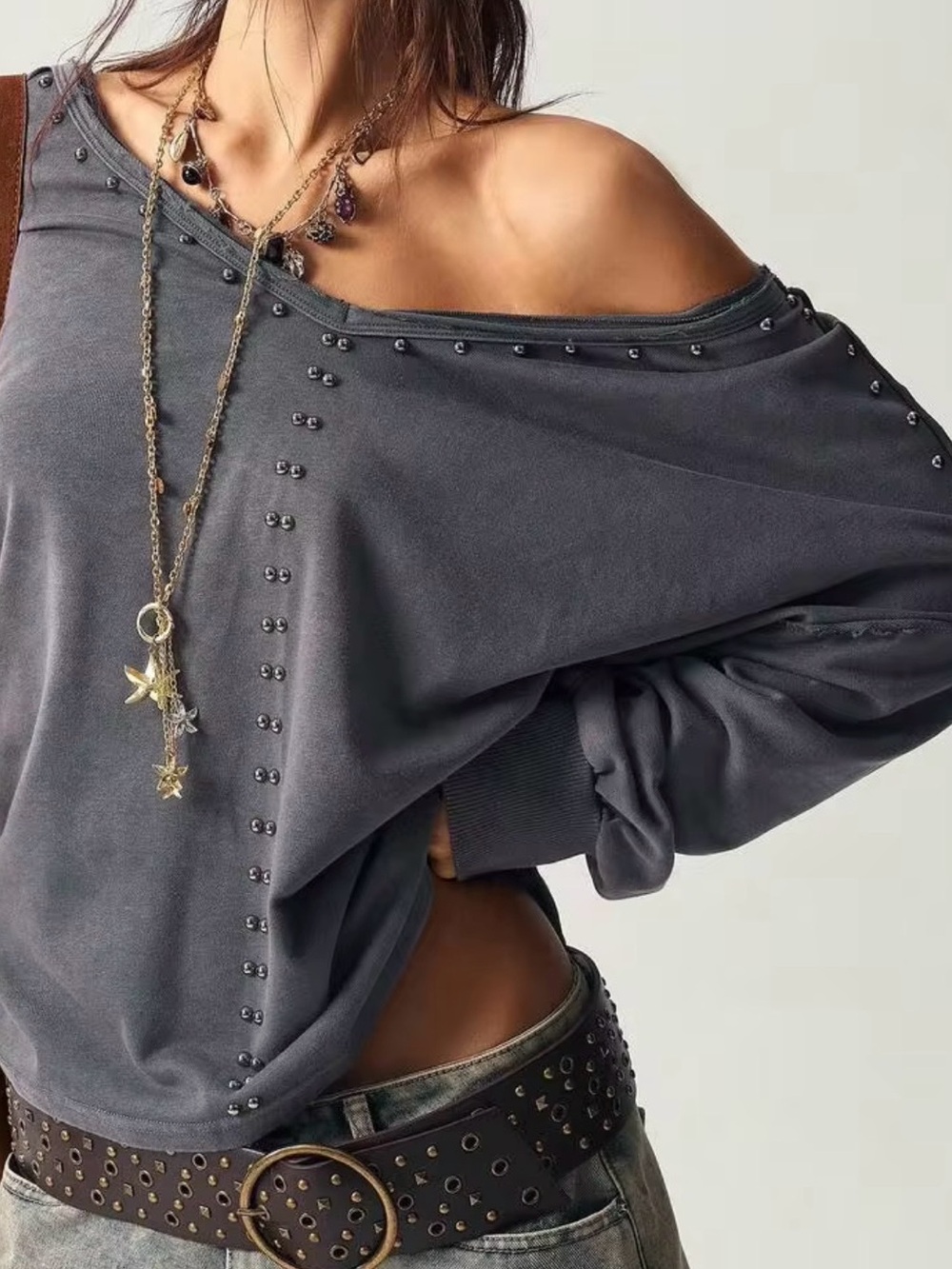 Edgy Women’s Oversized Casual Rivet Off-Shoulder Top / Sweatshirt Comfy New L